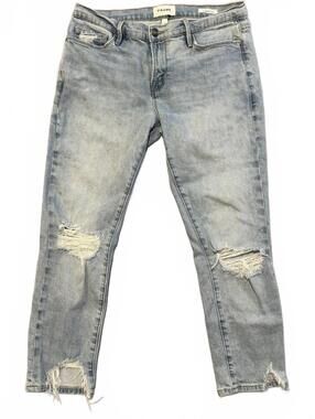 FRAME Le Garcon Crop Jeans 27 Light Wash Distressed Raw Hem Boyfriend 24 Inseam
